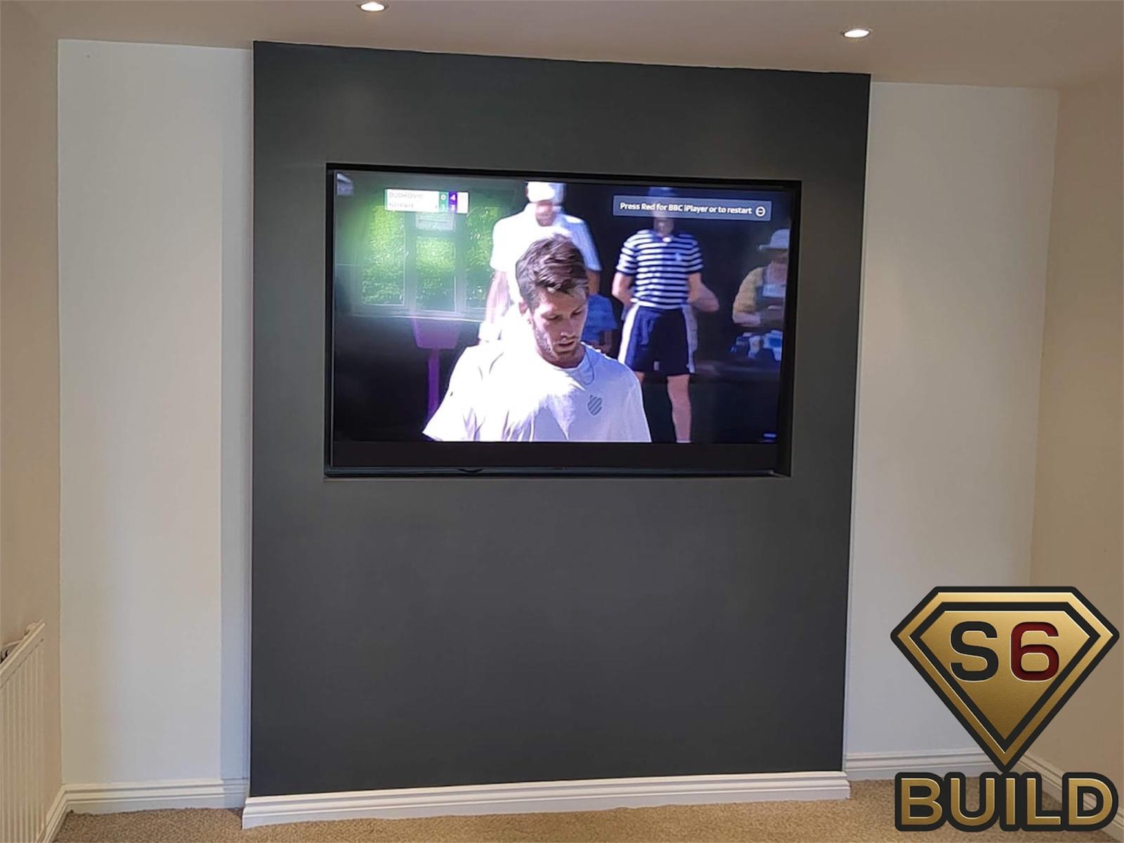 Graphite television feature wall with a recessed screen