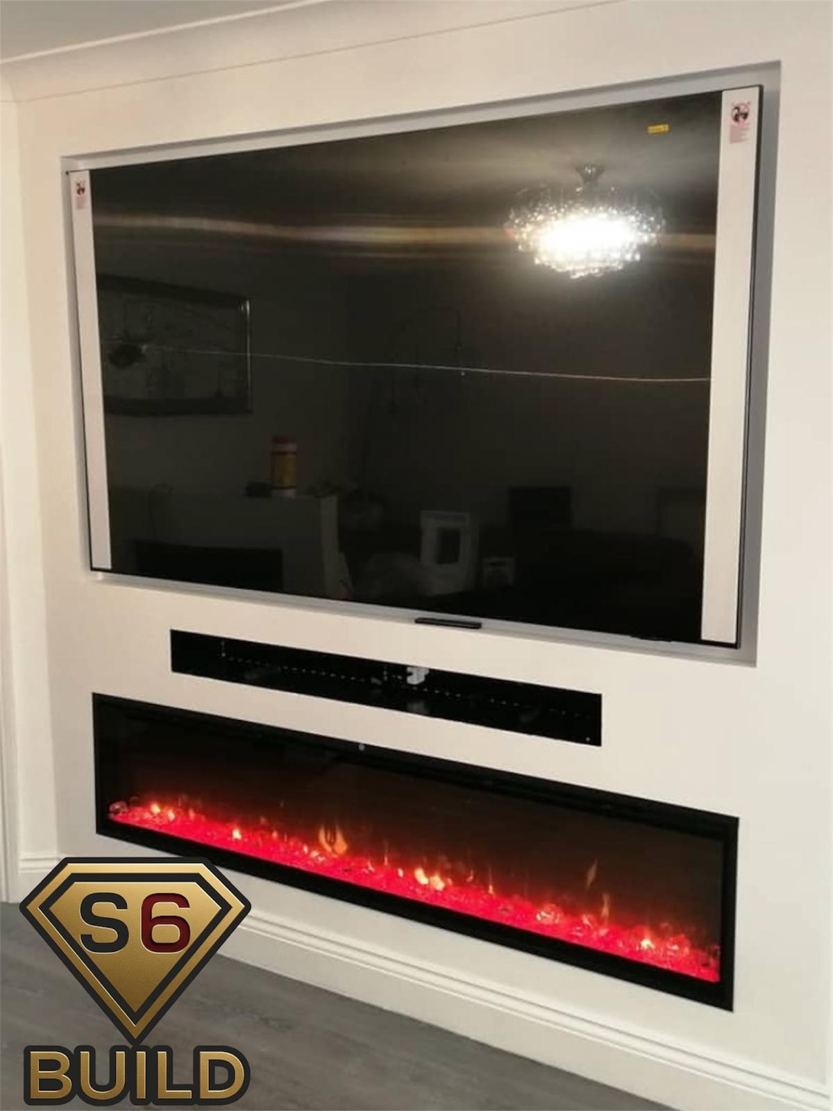 White media wall with recessed television, soundbar slot and long electric fire