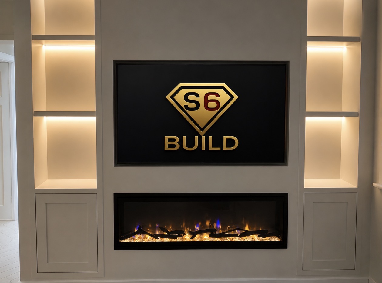Painted media wall with recessed television, panoramic electric fire and illuminated side niches