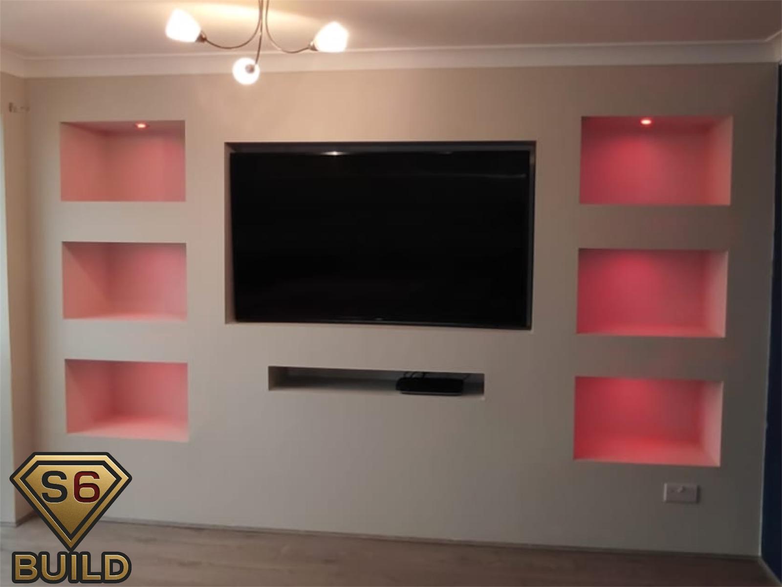Media wall with recessed television and six illuminated display niches
