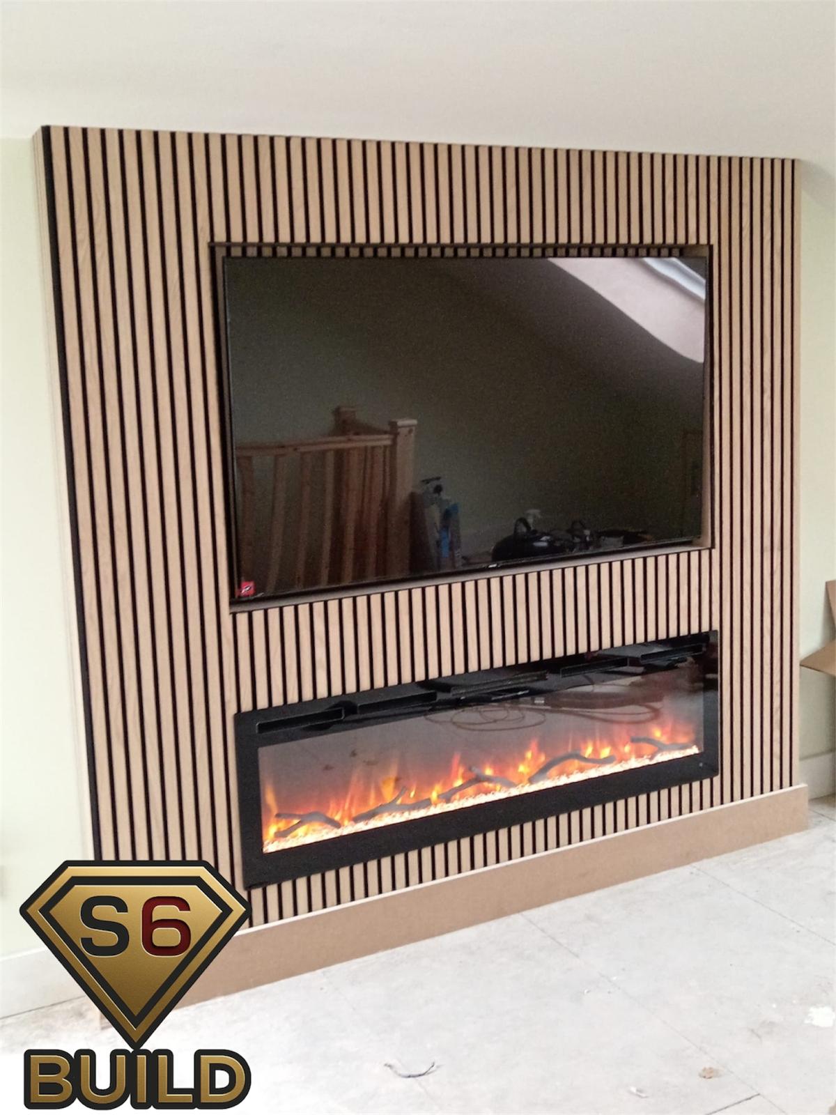Oak slatted media wall with television and linear electric fire